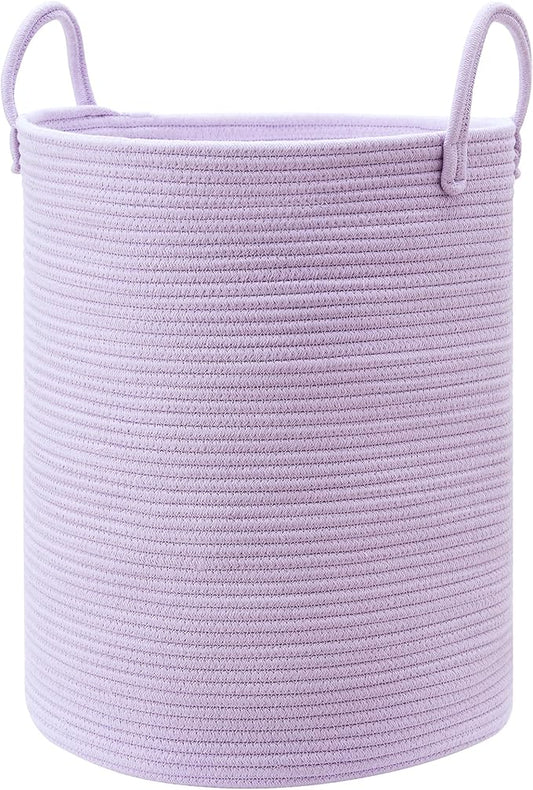 60L Large Purple Hamper Laundry Basket for Nursery Kids Tall Lavender Blanket Basket for Girls Cotton Rope Lilac Clothes Hamper in Bedroom 15Dx20H inches