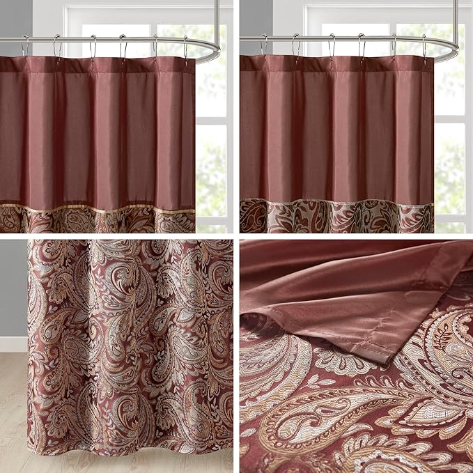 Aubrey Design Stripe Top Modern Shower Curtain, Jacquard Traditional Shower Curtains for Bathroom, 72 X 72, Burgundy