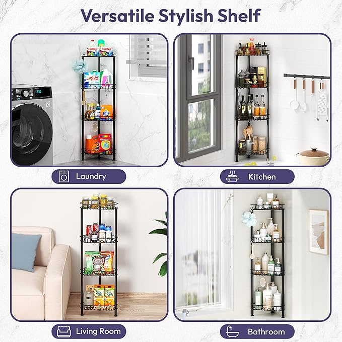 SWTYMIKI Standing Shower Caddy Corner - 4‑Tier Stainless Steel Shower Organizer Shelf with 16 Hooks and Adhesive Pads, Rustproof Corner Shelves Stand Rack for Bathroom Shower Room, Black