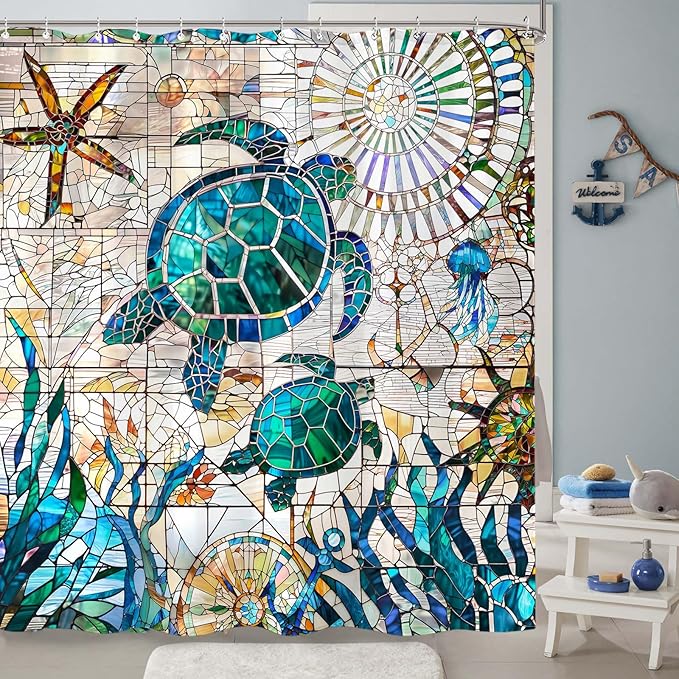 Accnicc Nautical Sea Turtle Shower Curtain Teal Blue Stained Glass Ocean Theme Coastal Shower Curtains for Bathroom Large Vintage Map Beach Waterproof Fabric Bath Curtain Decor 72x78 Inches