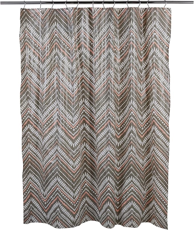 Bath Bliss 70” x 72” PEVA Shower Curtain | 12 Rust Proof Metal Grommets | Reinforced Header | Waterproof | Dotted Chevron Design | Grey and Pink