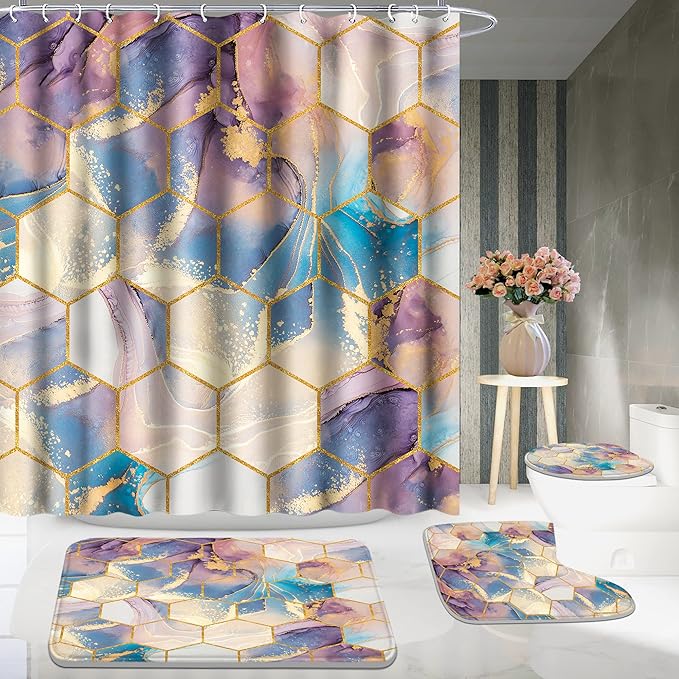 Poedist Shower Curtain Set with Rugs,Bathroom Accessory Set, Including Non-Slip Rugs,Toilet Lid Cover and Bath Mat, Waterproof Shower Curtain with 12 Hooks,Ink Quicksand-Yellow