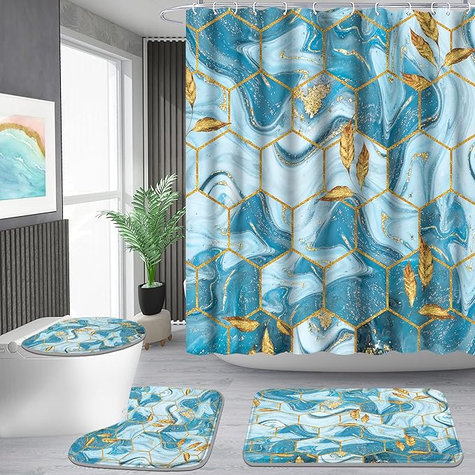Poedist Shower Curtain Set with Rugs,Bathroom Accessory Set, Including Non-Slip Rugs,Toilet Lid Cover and Bath Mat, Waterproof Shower Curtain with 12 Hooks,Blue and White Honeycomb Marble