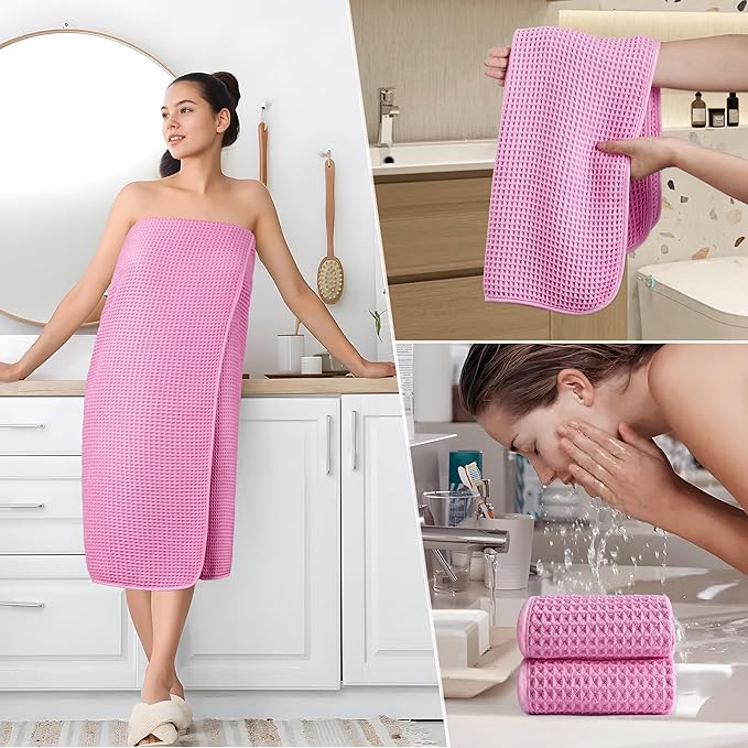 POLYTE 430 GSM Microfiber Quick Dry Lint Free Oversize Bath Towel Set, 6 Piece (Waffle Weave)