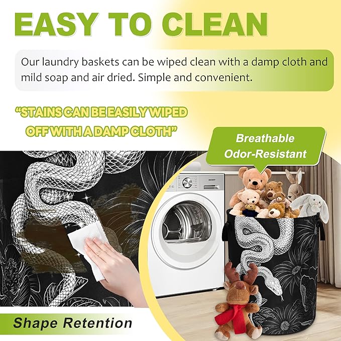 Snake Laundry Basket Floral Prints Funny Foldable Waterproof Oxford Cloth Tote Bag Laundry Hamper Round Large Clothes Storage Bucket Toy Organizer For Bathroom/Laundry Storage/Bedroom 18.9x16.5 Inch
