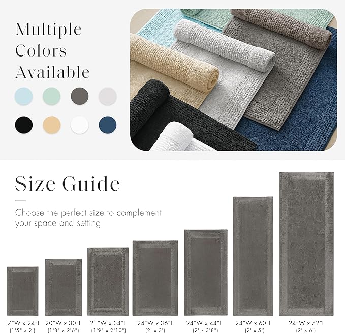 Madison Park Splendor Reversible 100% Cotton Tufted Bathroom Rug-3000 GSM Hotel Quality Luxurious Plush Medium Pile Bath Mat Absorbent, Quick Dry, Shower Room Décor, 24x44 Charcoal