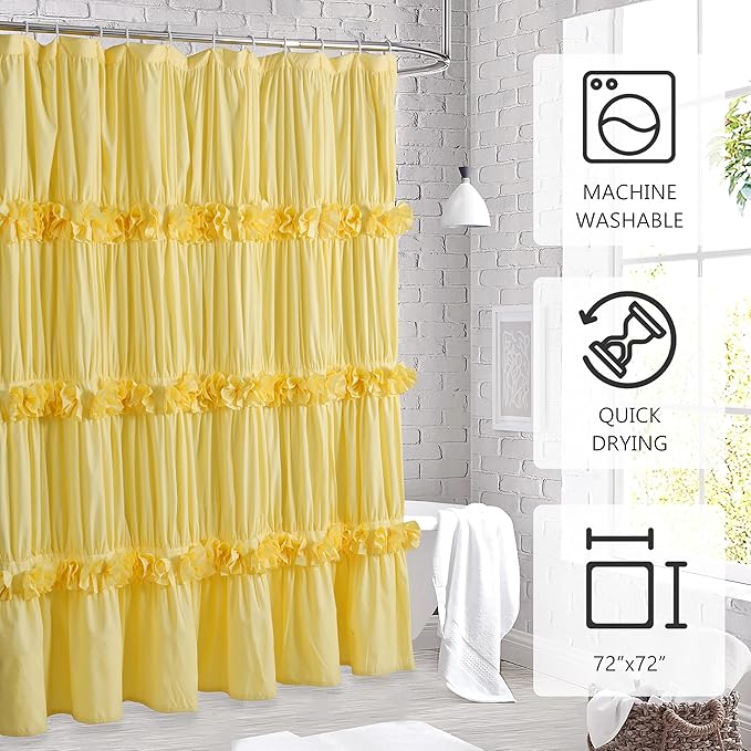 Bright Yellow Shower Curtain, Vintage Handcrafted Bow Tie Bath Curtain for Master Bathroom, Ruched Microfiber Bathroom Curtain with 12 Buttonholes, 72" W x 72" H (LQ-10)
