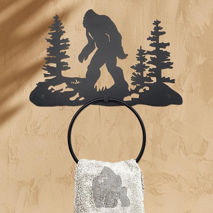 Bigfoot Sasquatch Metal Towel Holder - Rustic Towel Ring - Rustic Cabin, Lodge, Mountain Art Decor - Bigfoot Sasquatch Gift (Mat Black)