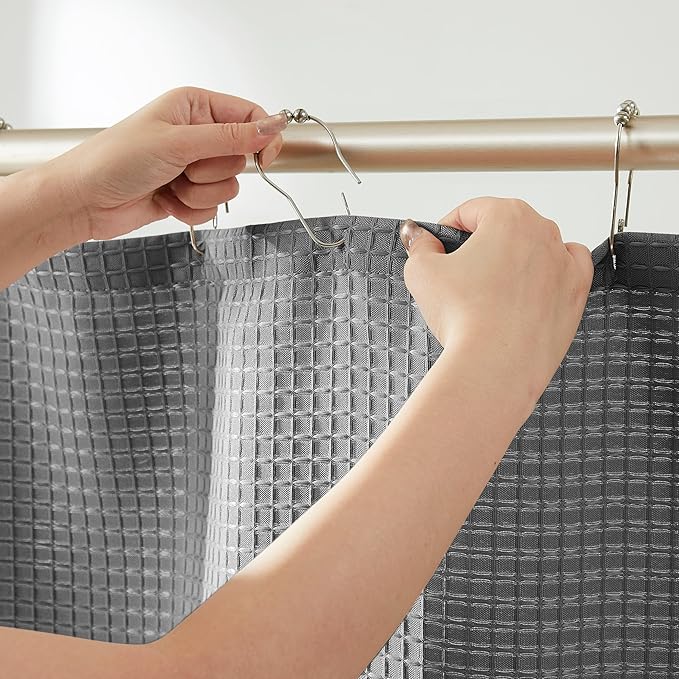 Luxury Waffle Weave Shower Curtain Elegant Hotel Style Fabric for Bathroom, Water Repellent, Machine Washable Dark Grey Waffle