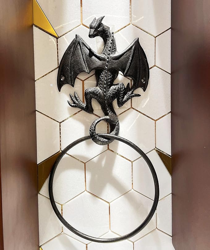 Cast Iron Gothic Dragon Towel Ring, Wall Mounted Medieval Accessories for Bathroom