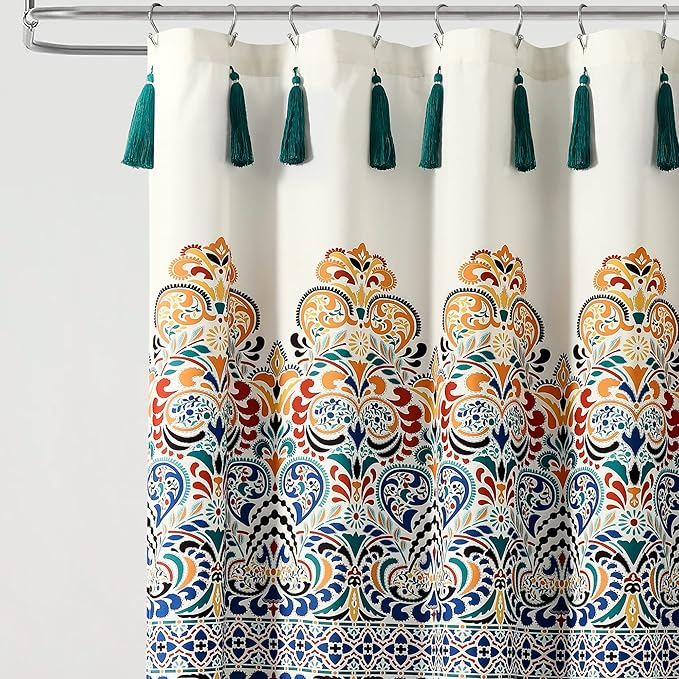 Lush Decor Boho Medallion Shower Curtain Single 72" W x 72" L Turquoise & Tangerine - Boho Shower Curtains for Bathroom Decor - Blue Bathroom Curtain