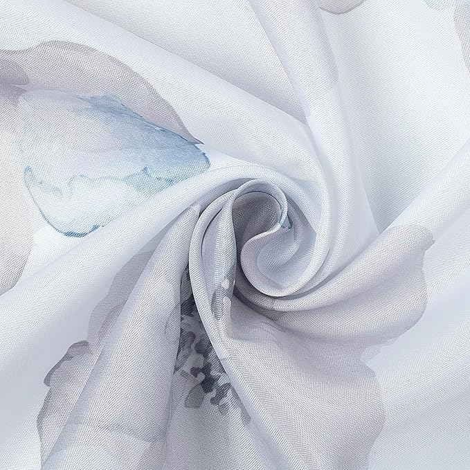 Sunlit Design Extra Long Simple Style Blue and Gray Flower Blossoms Fabric Shower Curtains for Bathroom Decor with White Background