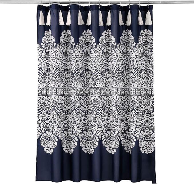 Lush Decor Boho Medallion Shower Curtain - Fabric Bohemian Damask Print Design with Tassels, 72" x 72", Navy