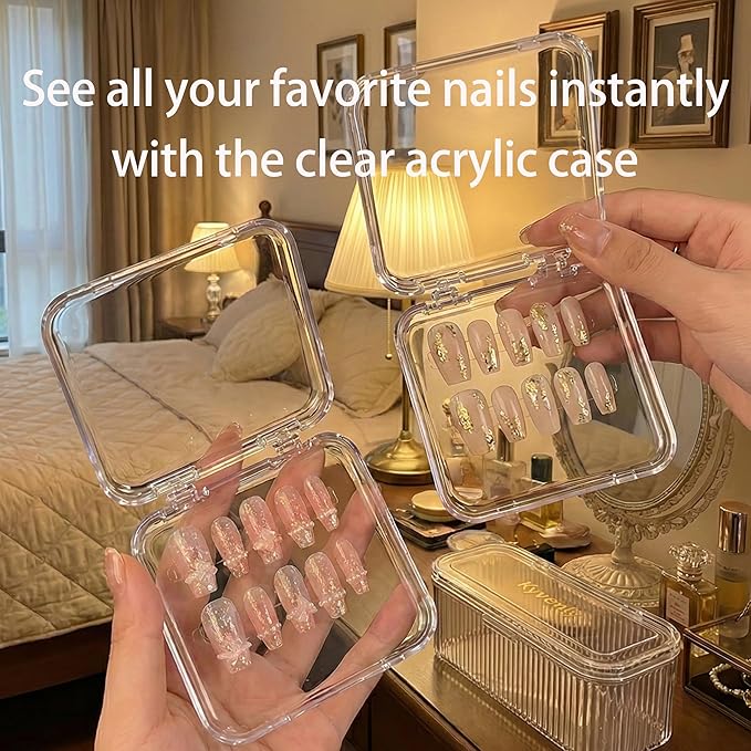 Press On Nail Organizer 12pcs 3.3in Nail Case And 1 Big Acrylic Storage Box For Packaging Clear Display Box Fake Nail Organizer With Double Sided Adhesive Tabs Nail Display Nail Salon