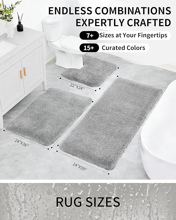 Bathroom Rugs Non Slip Washable, Ultra Thick Soft Microfiber Absorbent Bath Mats, High Density Foam Latex Non Slip Backing Bath Rugs, Fluffy Floor Carpet for Tub&Shower 24x17, Grey
