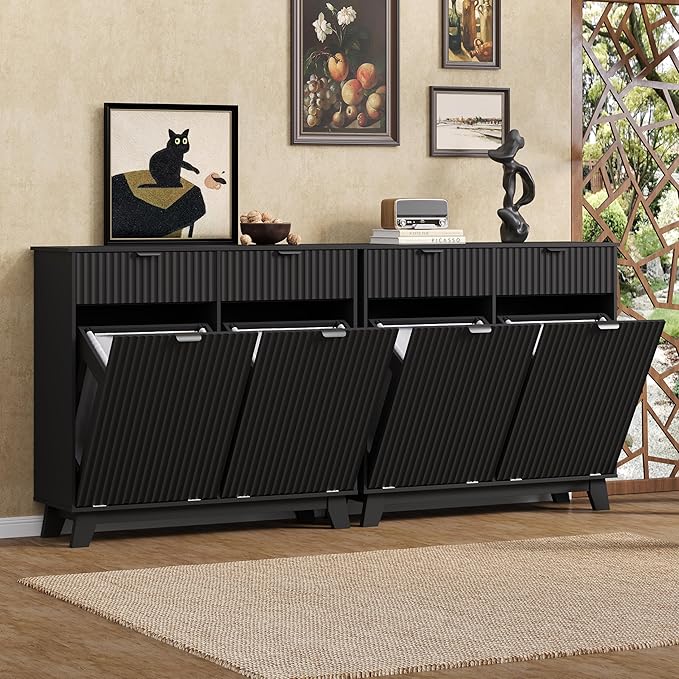 Wodeer Double Tilt Out Laundry Hamper Cabinet with 2 Drawers & Baskets, 20 Gallon Fluted Hidden Trash Can Cabinet, Farmhouse Wood Laundry Storage Cabinets for Bathroom, Kitchen, Black