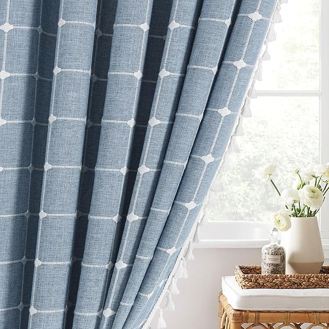 MitoVilla Boho Small Stall Shower Curtain 36 x 72, Blue Narrow Polyester Linen Fabric Shower Curtains for Farmhouse Bathroom Decor, Half Size Cloth Shower Curtain Set with Hooks