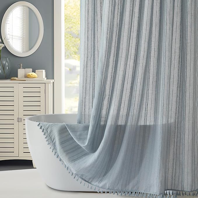 Fog Blue Shower Curtain Linen Shower Curtain Beige Boho Shower Curtain for Bathroom Rustic Striped French Country Shabby Chic Shower Curtains, 72” x 72“