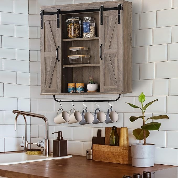 RUSTOWN Rustic Wood Wall Storage Cabinet with Two Sliding Barn Door, 3-Tier Decorative Farmhouse Vintage Cabinet for Kitchen Dining, Bathroom, Living Room, Washed Oak