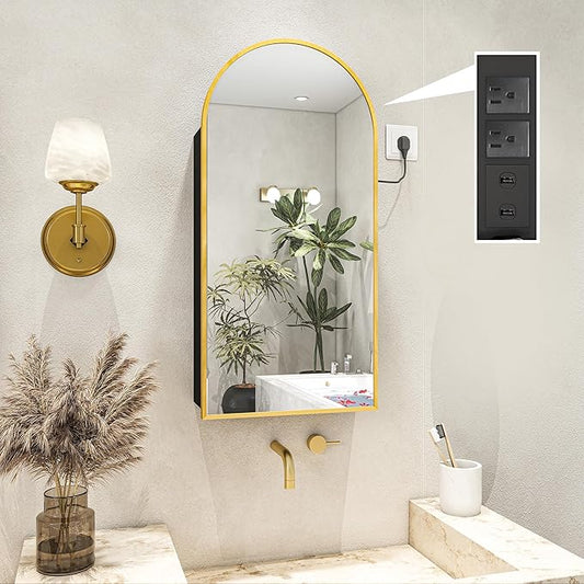 FKWin Arched Bathroom Mirror with Storage and Power Outlet, Gold Medicine Cabinet with Mirror for Left or Right Opening, not Recessed, Bathroom Vanity Mirror with Storage, Gold, 16x32 inch
