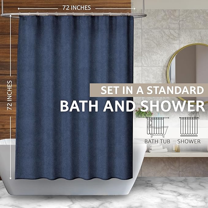 Luxurious Cotton Blend Shower Curtain - Spa Quality Bathroom Essential with Buttonhole Loops, Easy to Install & Clean, 72x72 inch, Home Spa Collection (Navy Linen)