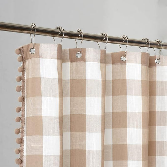 VOILYBIRD Tan and White Shower Curtain Linen Texture Buffalo Plaid Farmhouse and Boho Mix with Pompom 36" W x 72" L