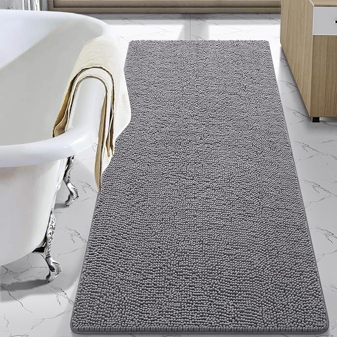 LOCHAS Luxury Bathroom Rug Shaggy Bath Mat 30 x 60 Inch, Washable Non Slip Bath Rugs for Bathroom Shower, Soft Plush Chenille Absorbent Carpets Mats, Gray