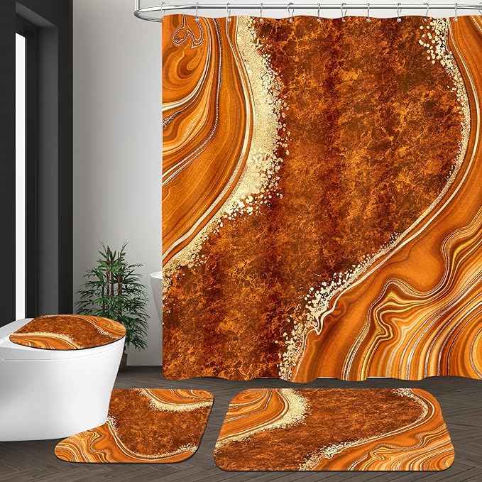 4PCS Orange Marble Shower Curtain Sets with Rugs, Abstract Bathroom Sets with Shower Curtain and Rugs, Modern Bathroom Curtains Shower Set with Toilet Lid Cover Accessories for Bathroom Decor