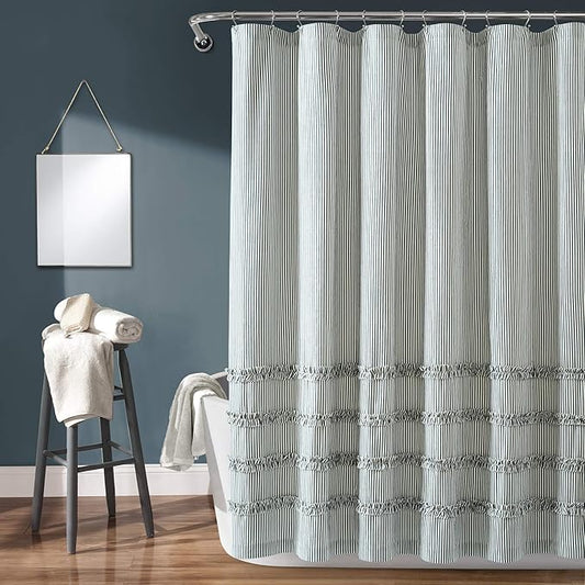 Lush Decor Vintage Stripe Yarn Dyed Cotton Shower Curtain, 72" x 72", Denim Blue