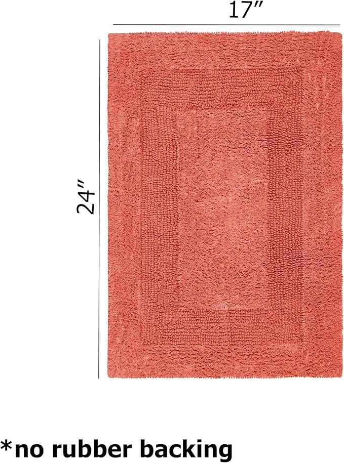 COTTON CRAFT Luxurious Bath Mat Rug - Set of 2 Reversible Heavyweight Step Out Bath Mats for Bathroom Floor, Tub and Shower - Pure Cotton Soft Plush Absorbent Tufted Racetrack Mat - 17 x 24 in - Coral