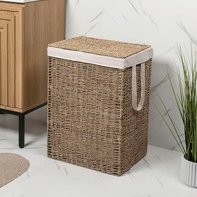 happimess BSK2016A Reed Coastal Bohemian Handwoven Seagrass Laundry Hamper 85L (22.5 Gallon) with Lid and Removable Liner, Seagrass Containers for Decoration in Living Room, Natural