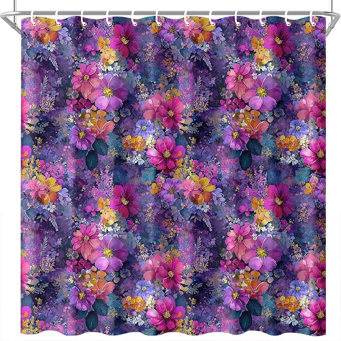 Floral Shower Curtain 72x72 Inch Fabric Bathroom Curtain Purple Flower Print for Boho Bathroom Decor