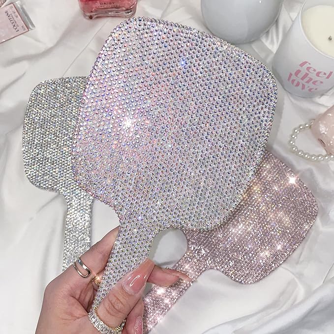 TISHAA Bling Handheld Makeup Mirror – Sparkly Crystal Rhinestone Compact Mirror for Women, Cute Portable Vanity Mirror for Travel, Purse, Gift for Her (White AB)