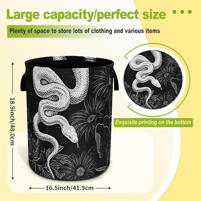 Snake Laundry Basket Floral Prints Funny Foldable Waterproof Oxford Cloth Tote Bag Laundry Hamper Round Large Clothes Storage Bucket Toy Organizer For Bathroom/Laundry Storage/Bedroom 18.9x16.5 Inch