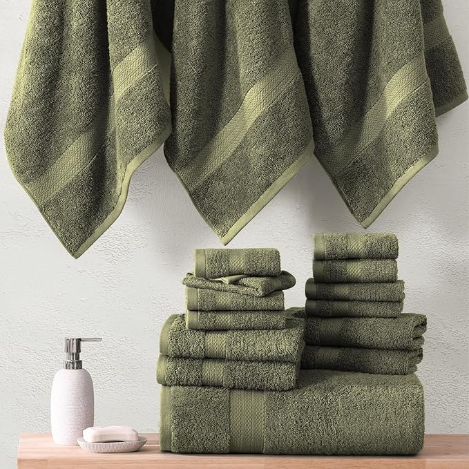 LANE LINEN 100% Cotton Bathroom Towel Set - 6 Pcs - Ringspun, Quick Dry, Super Soft & Highly Absorbent - 2 XL Bath Towels, 2 Washcloths, 2 Hand Towels - Tumble Dry regains Fluffiness - Oil Green