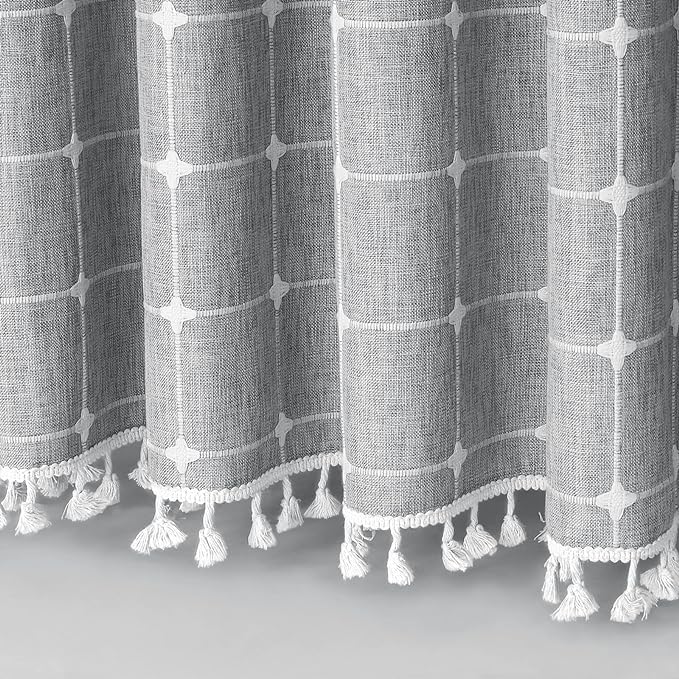 MitoVilla Modern Farmhouse Shower Curtain Set, Grey Boho Shower Curtains for Bathroom Decor, Vintage Rustic Thick Linen Fabric , Country Tassel Cloth, 72 x 72
