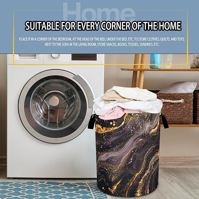 Black Gold Marble Laundry Basket Beautiful Pattern Foldable Oxford Cloth Funny Tote Bag Laundry Hamper Clothes Storage Bucket Toy Organizer For Bathroom/Laundry Storage/Bedroom 18.9x16.5 inch