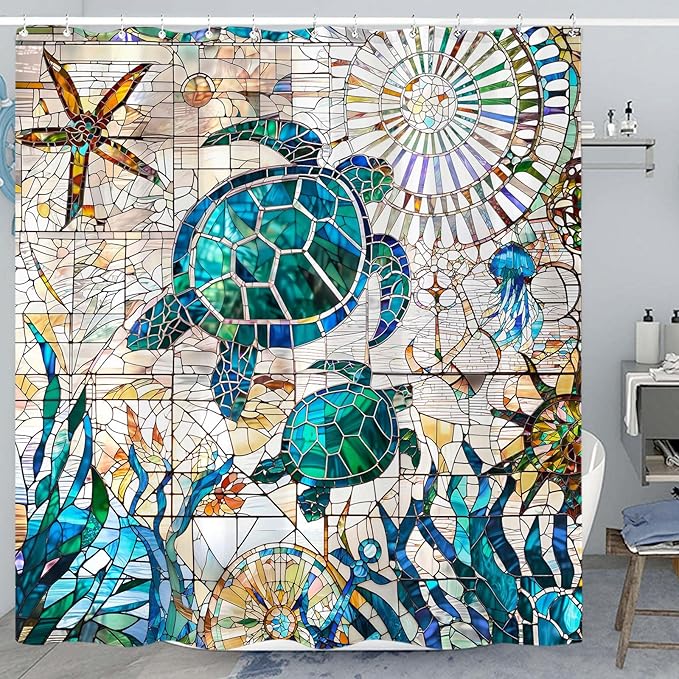 Accnicc Nautical Sea Turtle Shower Curtain Teal Blue Stained Glass Ocean Theme Coastal Shower Curtains for Bathroom Extra Long Vintage Map Beach Waterproof Fabric Bath Curtain Decor 72x84 Inches