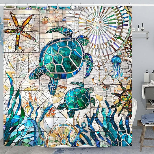 Accnicc Nautical Sea Turtle Shower Curtain Teal Blue Stained Glass Ocean Theme Coastal Shower Curtains for Bathroom Extra Long Vintage Map Beach Waterproof Fabric Bath Curtain Decor 72x84 Inches