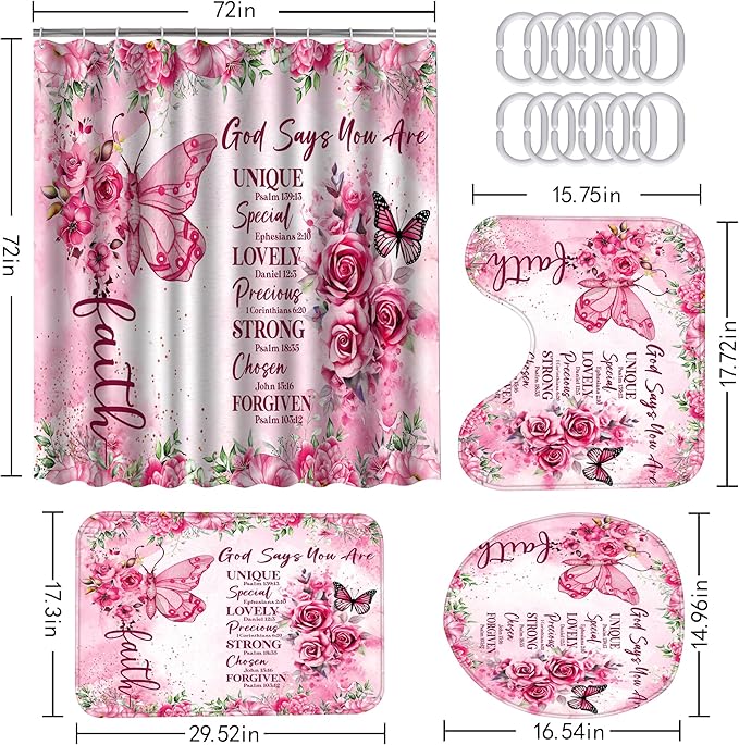 4 Pcs Pink Butterfly Inspirational Quotes Shower Curtain Set with Rugs, Toilet Lid Cover and Bath Mat, Bible Verse Floral Bathroom Decor Set Accessories, Colorful Boho Shower Curtain with 12 Hooks