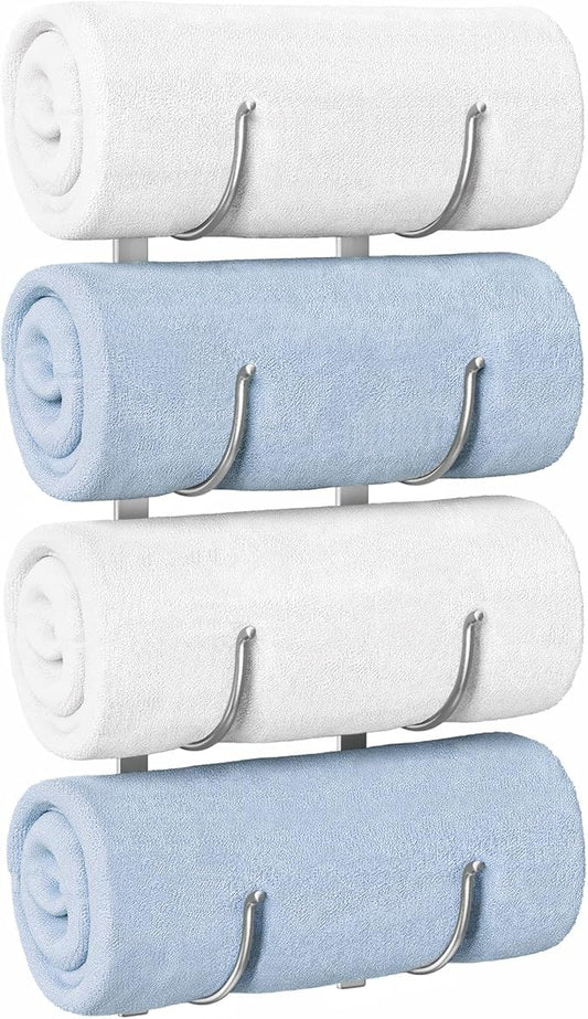 Bathroom Rolled Towel Rack: 4-Tier Wall Mounted Towel Storage Holder, Hanging Organizer for Towels, Blankets, Large Bath Sheets, Space Saving in RV, Closet, Toilet, Cabinet, Silver