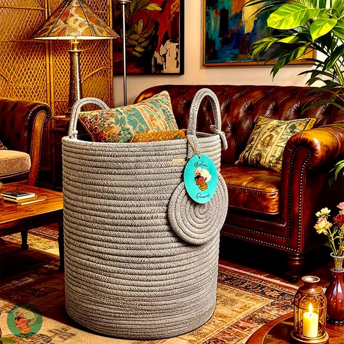 Modern Granny Medium Cotton Rope Laundry Hamper 14x16 Inch Dual Secure Woven Handle for Living Room Closet Clothes Blanket Organization