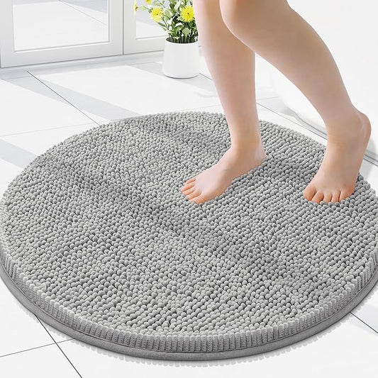 Smiry Luxury Chenille Round 24x24, Extra Soft and Absorbent Shaggy Bathroom Mat Rugs, Machine Washable, Non-Slip Plush Carpet for Tub, Shower, and Bath Room, Light Grey