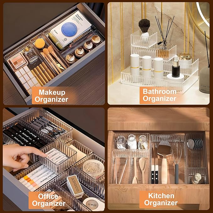 7 PCS Clear Drawer Organizers Bins, 4-Size Stackable Makeup Vanity Drawer Organizer Trays, Acrylic Bathroom Drawer Organizer Storage Containers for Cosmetic,Office Supply