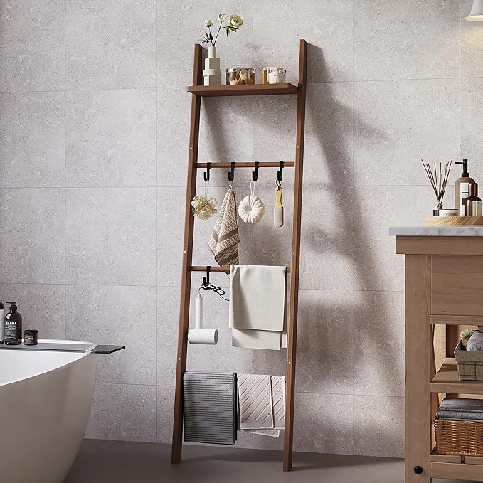 63" Bamboo Blanket Ladder with Shelf and 5 Hooks, 4 Tier Leaning Blanket Rack, Farmhouse Towel Ladder Rack, Decorative Quilt Rack Holder for Living Room Bedroom Bathroom, Walnut
