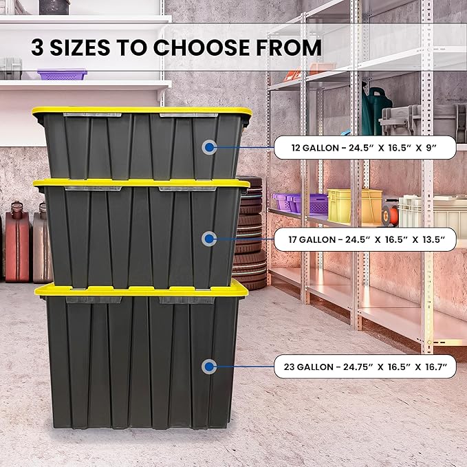 4 Pack of Large 17 Gallon Plastic Storage Bin Tote Organizing Container with Secure Latching Lids, Stackable, Extra Strength Clear with Built in Handle - Black and Yellow