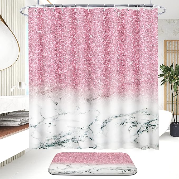 4 Piece Bathroom Shower Curtain Set with Rugs, Pink Marble Shower Curtain Sets with 12 Hooks, Non Slip Bath Mat, U-Shaped Floor Mat and Toilet Lid Oval Rug for Bathroom Set Decor