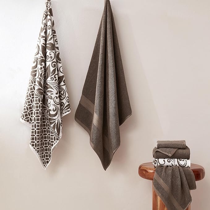Modern Threads Botanical Vine 6-Piece 100% Cotton Towel Set – Reversible Yarn Dyed Jacquard – Includes 2 Bath Towels, 2 Hand Towels, 2 Washcloths – Absorbent, Quick Dry, Soft & Durable – Taupe Brown