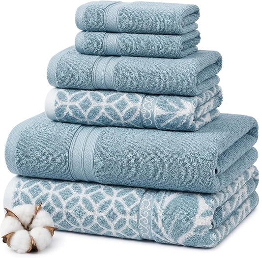 Modern Threads Botanical Vine 6-Piece 100% Cotton Towel Set – Reversible Yarn Dyed Jacquard – Includes 2 Bath Towels, 2 Hand Towels, 2 Washcloths – Absorbent, Quick Dry, Soft & Durable – Blue