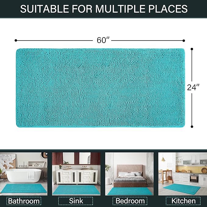 LOCHAS Luxury Bathroom Rug Shaggy Bath Mat 24 x 60 Inch, Washable Non Slip Bath Rugs for Bathroom Shower, Soft Plush Chenille Absorbent Carpets Mats, Teal Blue